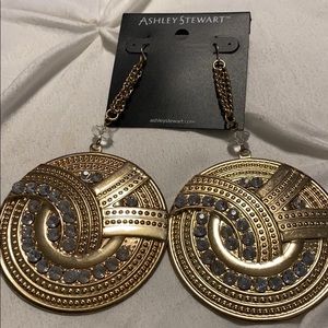 Rhinestone large gold tone earrings